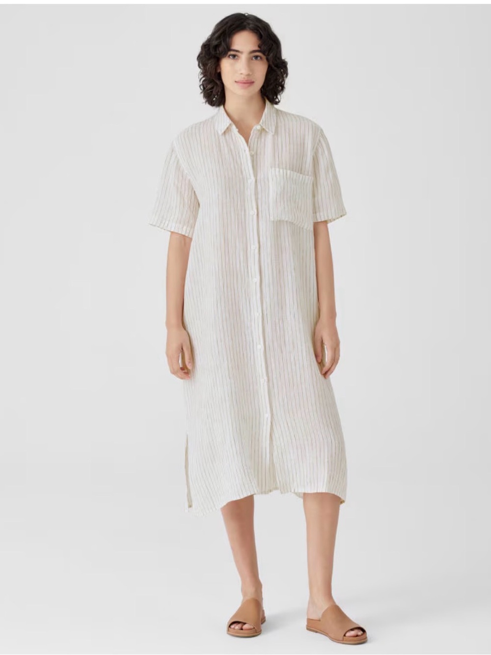 Eileen Fisher Puckered Organic Linen Striped Shirtdress Petite Medium